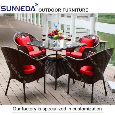 Square Aluminum Rattan Outdoor Leisure Furniture Table Set with Glass and Pillow for Poolside Hotel Garden