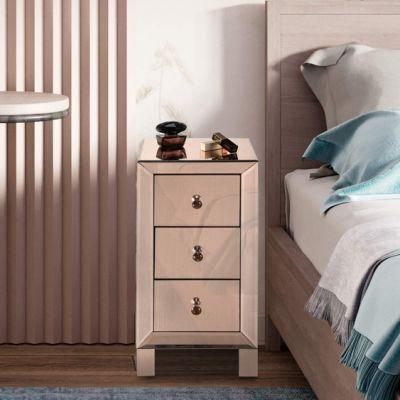 Champagne Gold 3 Drawer Mirrored Nightstand Bedside Table for Bedroom
