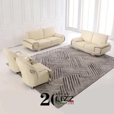 Luxury Living Room Furniture Modern Genuine Leather Couch with Stainless Steel Arm
