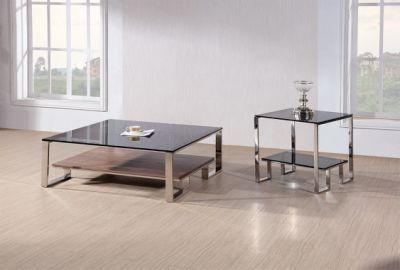 Modern Luxury Side Table Coffee Tables with Stainless Steel and Glass Top Two Layer Trays