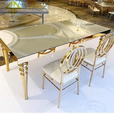 Banquet Hall Silver Stainless Steel Base MDF Top Event Tables and Chairs Wedding