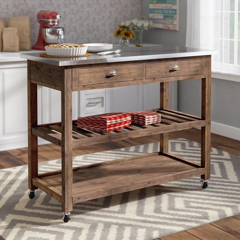 American Home Styles Antique All Solid 2-Drawer Wood Kitchen Cart with Stainless Steel Top