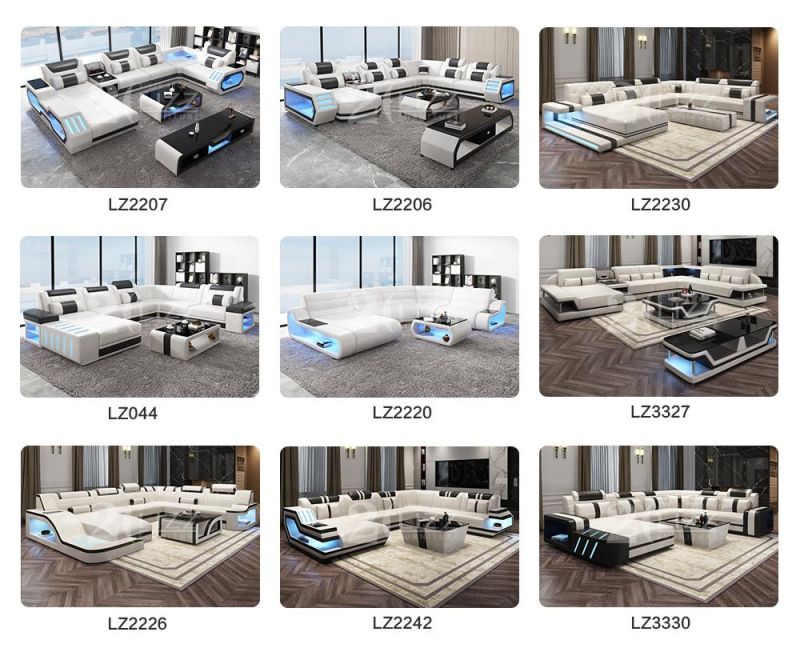 American Living Room Furniture Leather Sofa Set U-Shape LED Corner Sectional Sofa