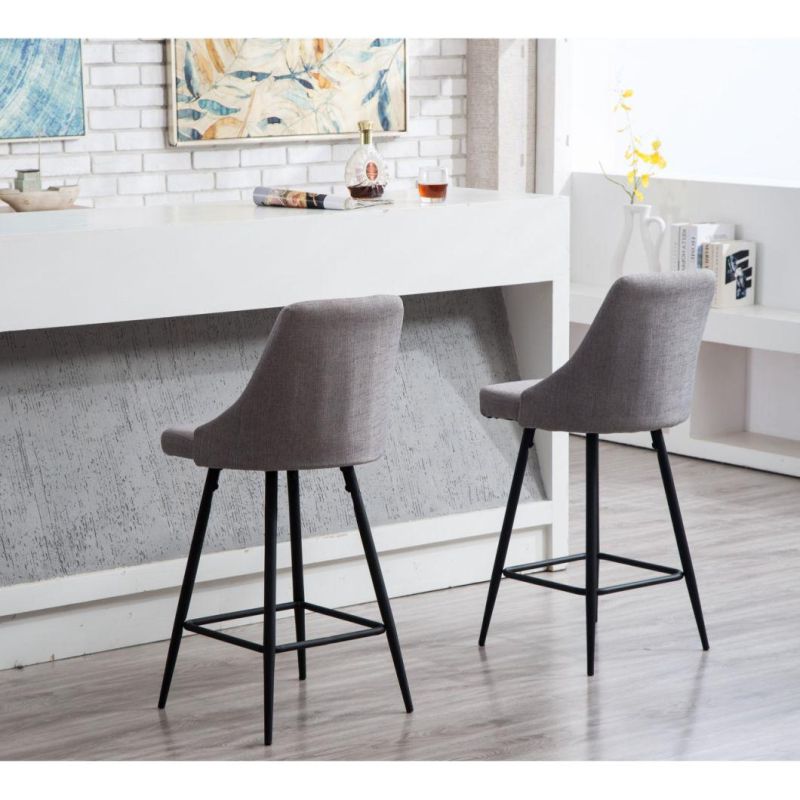 High Quality Metal Tube Legs Light Gray High Stool Home Bar Counter Height Linen Fabric Bar Chair with Footrest