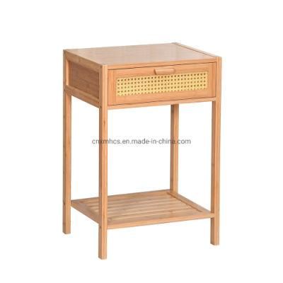 Multipurpose Bamboo Bedside Table End Table with Pattern Drawer &amp; Storage Shelf Night Stand