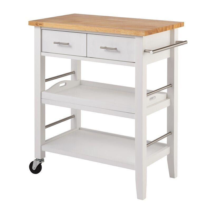 Home Basic 3-Tier Solid Wood Top White Painting Rolling Kitchen Cart with 2 Drawer