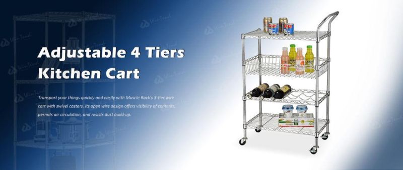 Adjustable 4 Tiers Kitchen Cart Wire Basket Shelf Food Service Trolley