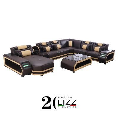 Modern European Commercial Living Room Sectional Corner Leather Sofa Furniture Set with LED and Coffee Table