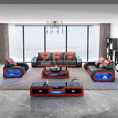 Modern Cowhide Leather Living Room Furniture Leisure Functional Sofa with Remote Control 7 Colors LED Light