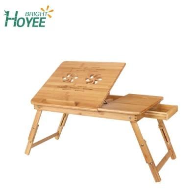 Adjustable Portable Bamboo Laptop Desk with Tilting Top Drawer