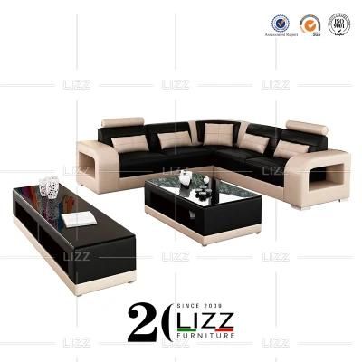 Luxury Contemporary New Style Living Room Furniture Wooden Feet Genuine Leather Sofa with Coffee Table