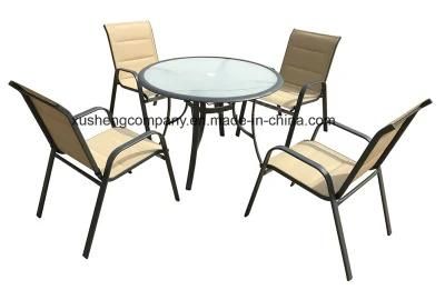 Popular Modern Garden Furniture Dining Steel Chair with Glass Coffee Table Set