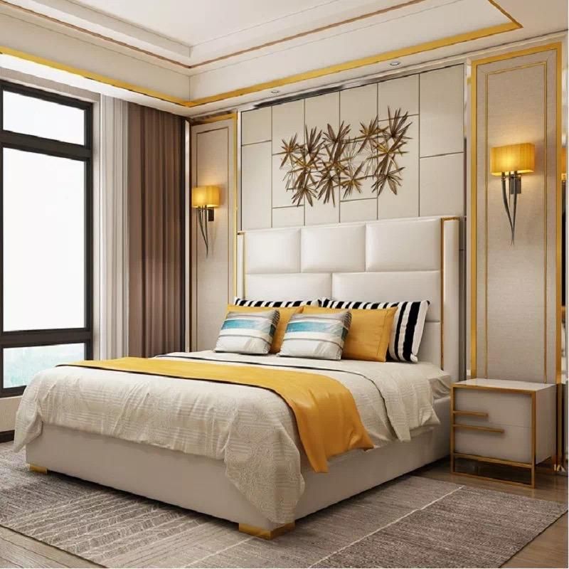 European Modern Light Luxury Home Bedroom Set Stainless Steel Double Adult Beds Italian Queen Size Bed Luxury King Size Leather Bed