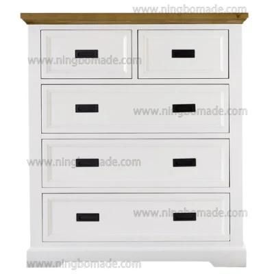 Romantic Rural Interior Furniture Grey Oak Top White Poplar Wood Base 5 Drawers Storage Chest