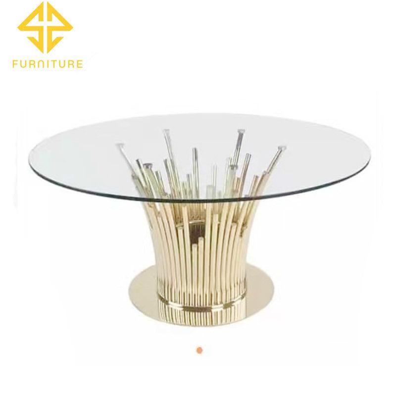 Latest Golden Stainless Steel Frame MDF Top Luxury Dining Table Set for Restaurant