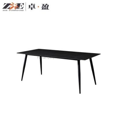 Luxury Unique Kitchen Dining Tables Rectangular Square Shaped Sintered Stone Plate Top 6 Seater Steel Leg Slate Dining Table