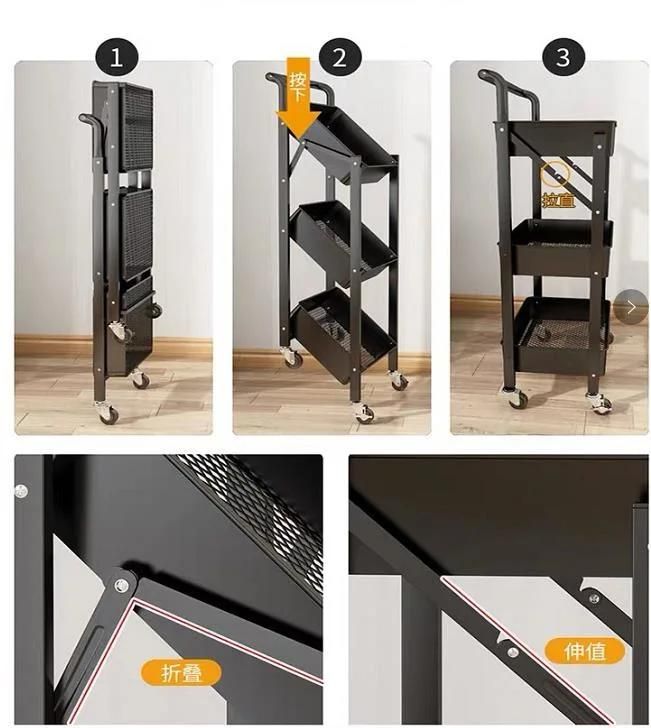Home Furniture Folding Utility Cart Steel 3-Tier Kitchen Cart