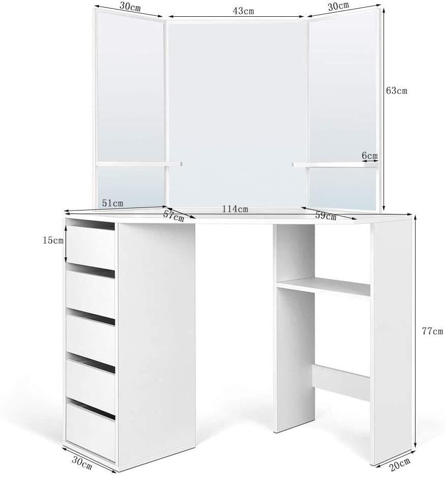 Corner Vanity Makeup Desk Dressing Table with Tri-Folding Mirror and 5 Drawers Makeup Vanity Table for Girls White Dresser