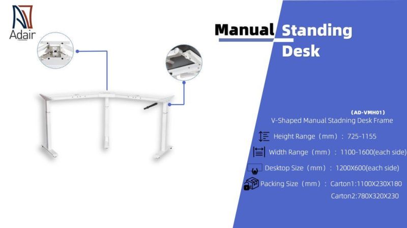 Three Legs L-Shaped Manual Height Adjustable Standing Office Computer Desk