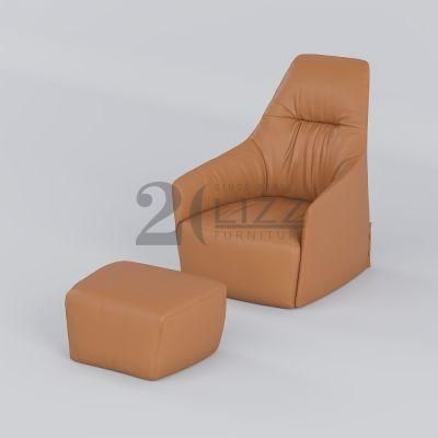 European Modern Indoor Wood Furniture Set Luxury Geniue Leather Single Sofa with Stool