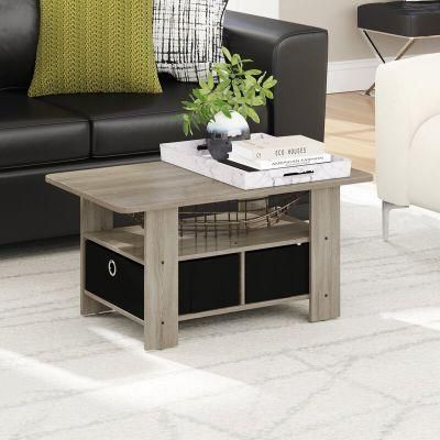 Kenton French Oak Gray Storage Coffee Table with Black Fabric Drawers for Living Room