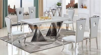 Modern Indoor House Furniture Dining Table with White Stone Top Restaurant Chromed Steel Metal Base