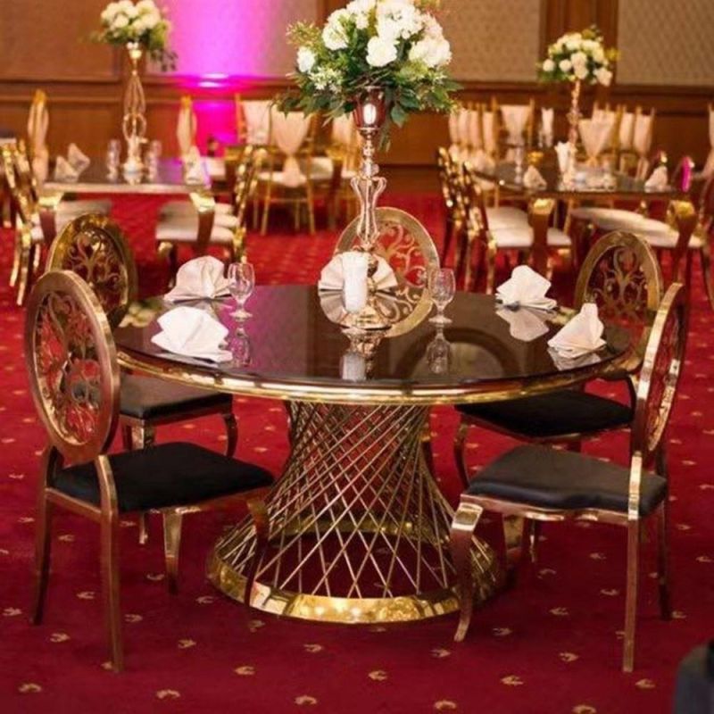 Space Saving Stainless Steel Dining Table and Chairs Special Romantic Wedding Furniture Cone Back Stacking Metal Chiavari Chair for Event Dining Room