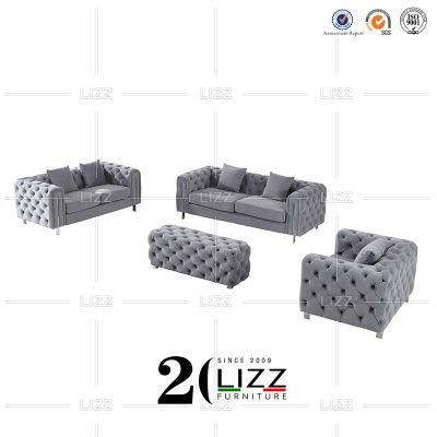 Tufted Button European Design Sectional Home Furniture Modern Living Room Senior Grey Fabric Sofa
