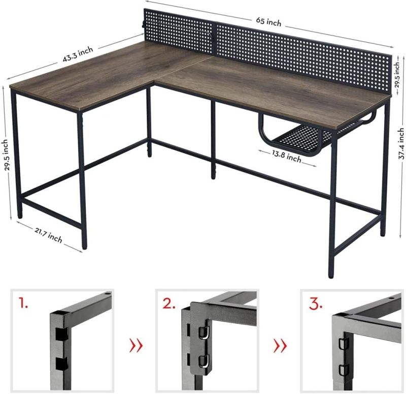 Quick Lock Frame L Shaped Computer Desk with Baffle, Industrial Style Corner Office Desk