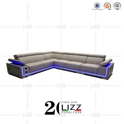Modern European Genuine Leather Sectional Sofa with LED &amp; Speaker &amp; Adjustable Headrest &Armrest