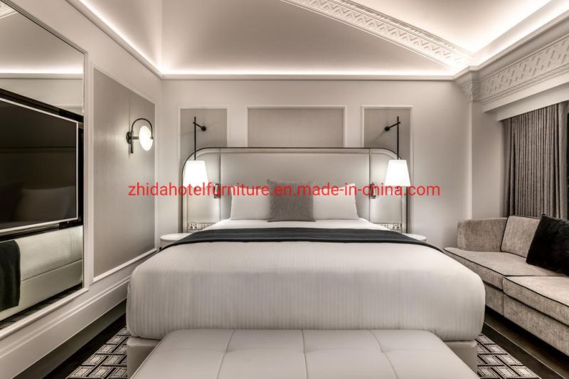 Modern Wood Upholstered with White Leather Hotel Bedroom Furniture