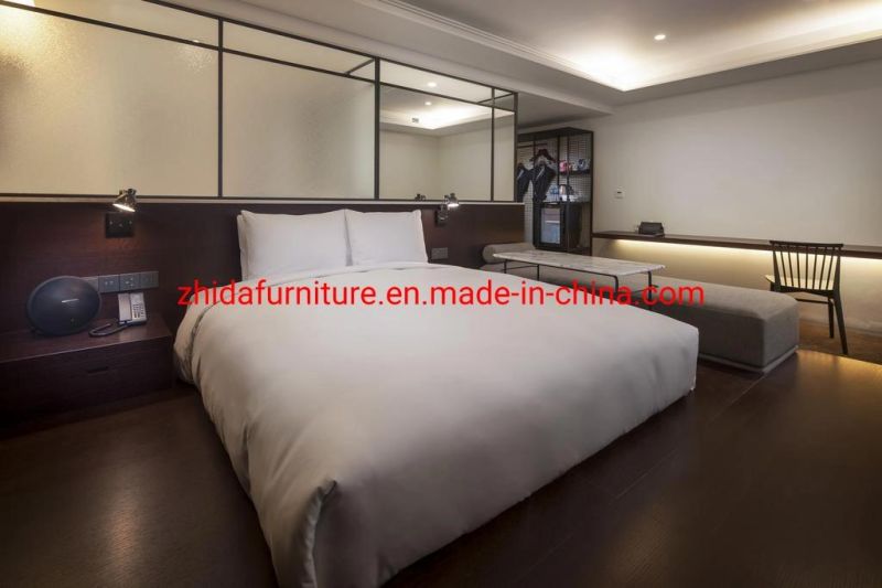 Simple Japanese Hotel Guest Room Furniture Living Room Modern Apartment Bedroom Set Wooden Double Bed Furniture with LED Light Headboard