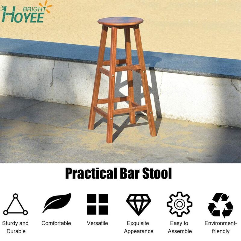 Round Acacia Wood Stool, Bar Stool Solid Wood Chair with Foot Plate, Round Seat with Stable Legs, Ideal for Kitchen, Restaurant, Pub, Bar and Hotel