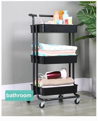 Multi-Purpose Shelf Library Kitchen Bathroom Storage Trolley Cart 3-Tier Rolling Utility Organizer Rack with Lock Wheels