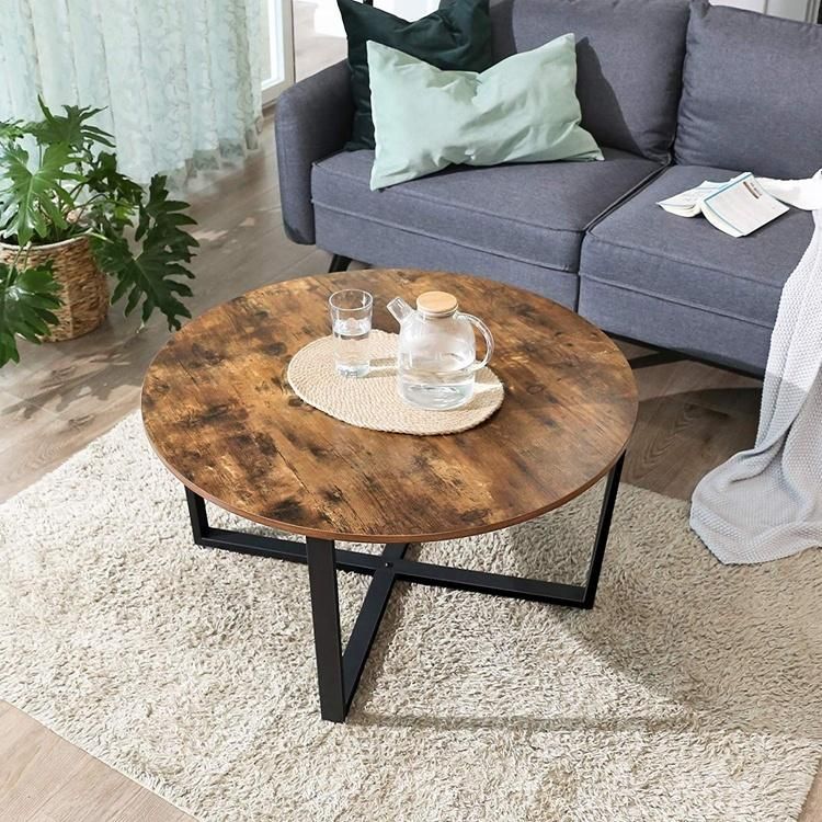 Wholesale Modern Metal Frame Easy to Assemble Industrial Style Durable Cocktail Rustic Brown Round Coffee Table