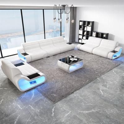 Modern Design Home Furniture Leisure Genuine Leather LED Sofa Set 1+2+3 with Coffee Table