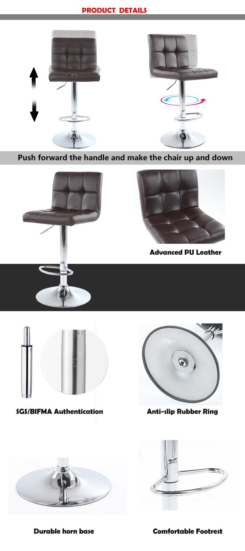 Modern Square PU Leather with Handle Adjustable Barstool Bar Counter Stool