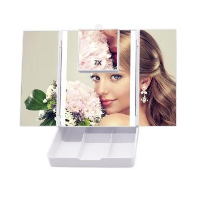 Foldable Three Sides Vanity Makeup LED Table Mirror with Organizer
