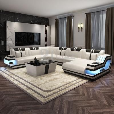 European Luxury Modern Living Room Genuine Leather U Shape LED Sofa