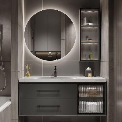 Exquisite Exterior Design Wall Mounted Irregular Design Galss Door Bathroom Vanity Cabinet with LED Mirror and Side Cabinet