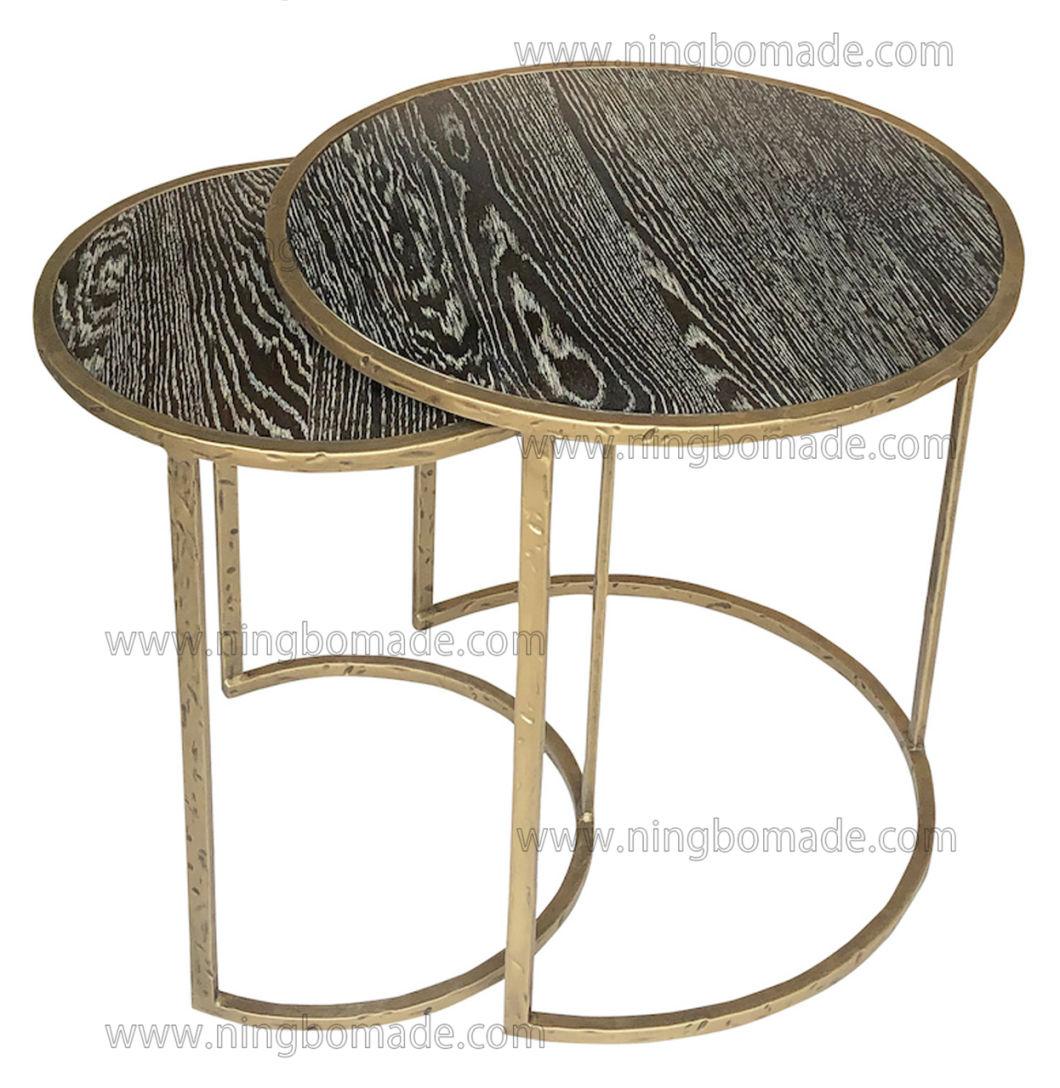 Upscale Hand Forged Furniture Light Brass Solid Iron Weather Brown Oak Venner Nest Table