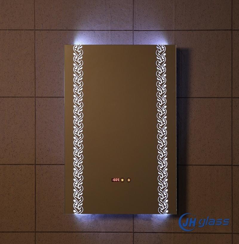 Beautiful Design Bathroom Wall Mounted Silkscreen Drawing LED Illuminated Mirror with Defogger Clock