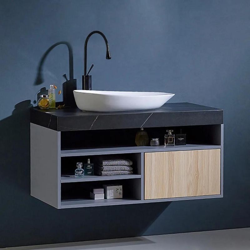 China Factory Wholesale Rock Plate Bathroom Vanity with Double Vessel Sinks 2 Drawers in Gray