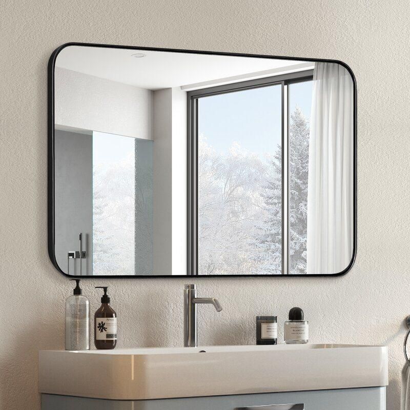 Black Metal Framed Bathroom Mirror Wall Mounted in Metal Rectangular Vanity Mirror with Deep and Flat Frame