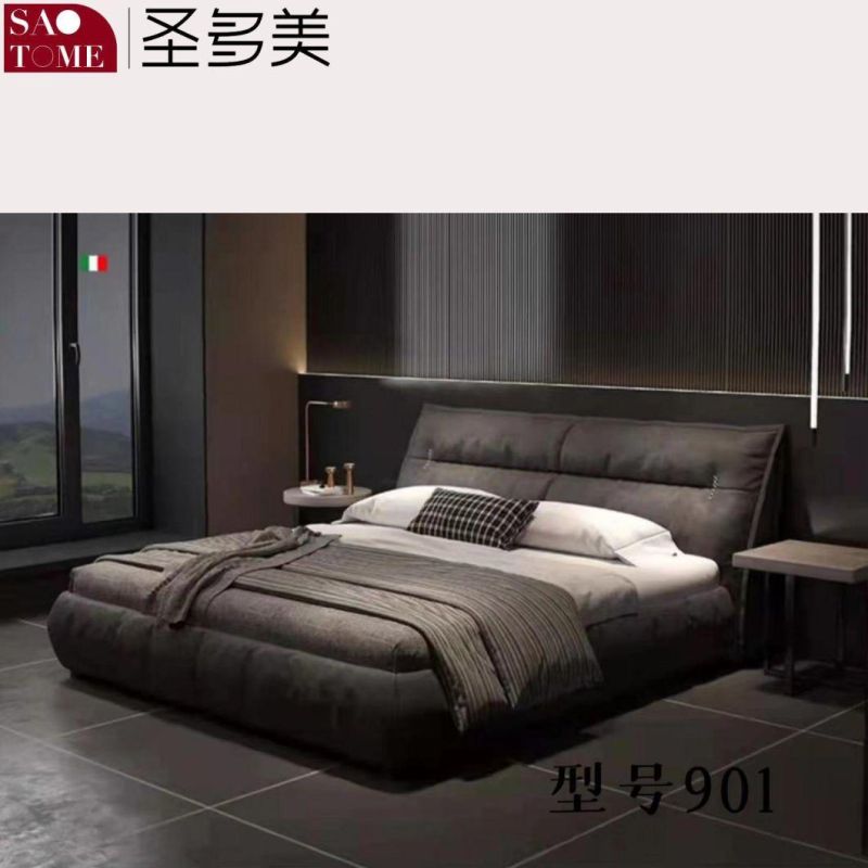 Modern Hotel Bedroom Furniture Light Grey Leather Double Bed