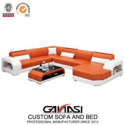 Living Room Genuine Orange Leather U Shape Sofa Furniture with Chaise