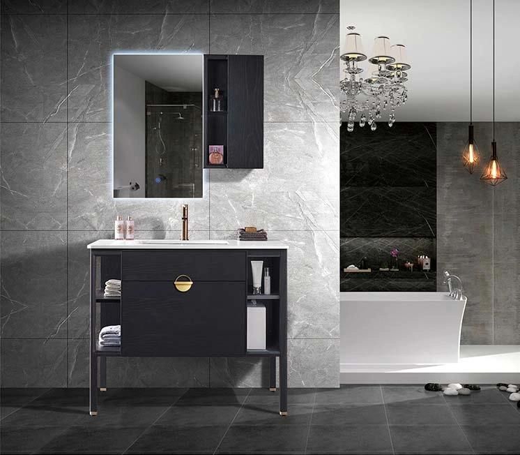 Elegant Floor Type Solid Wood Bathroom Cabinet with Mirror Cabinet and Marble Countertop