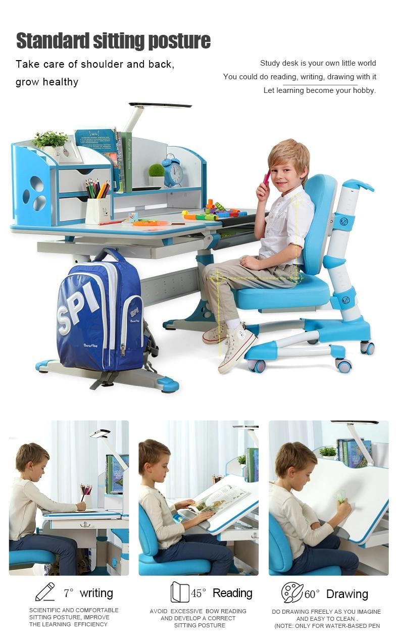 Height Adjustable MDF Children Study Desk and Chair with Bookshelf