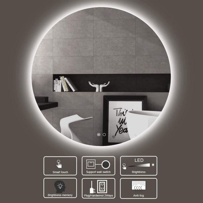 Round Bathroom LED Cold Warm Lighting Mirror with Anti-Fog Function Wall Mounted Backlit Dimmable Touch Button Makeup Vanity Cosmetic Mirror