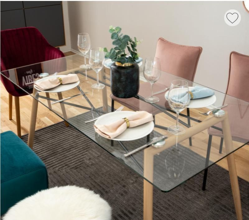 Restaurant Rectangular Tempered Glass Top Dining Table with Metal Legs